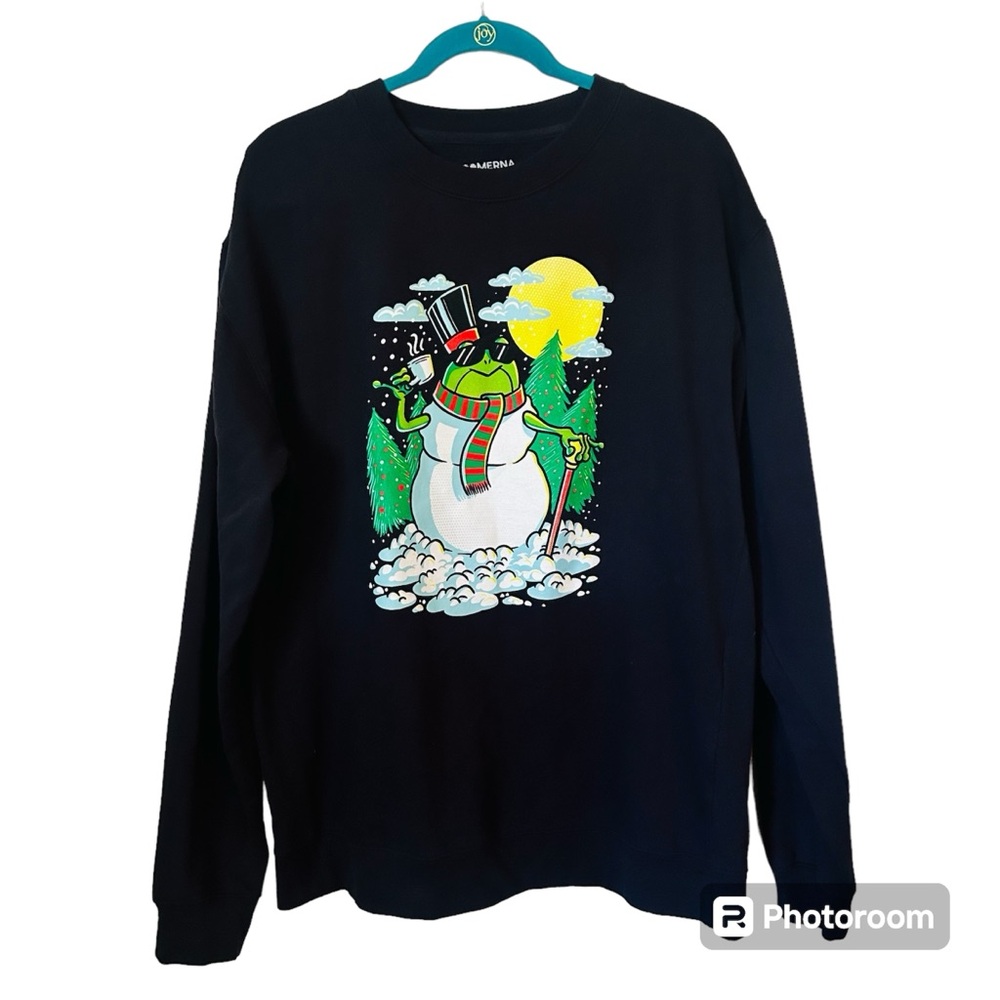 Christmas FROG Snowman Drinking Coffee Graphic Soft Holiday Sweatshirt XL